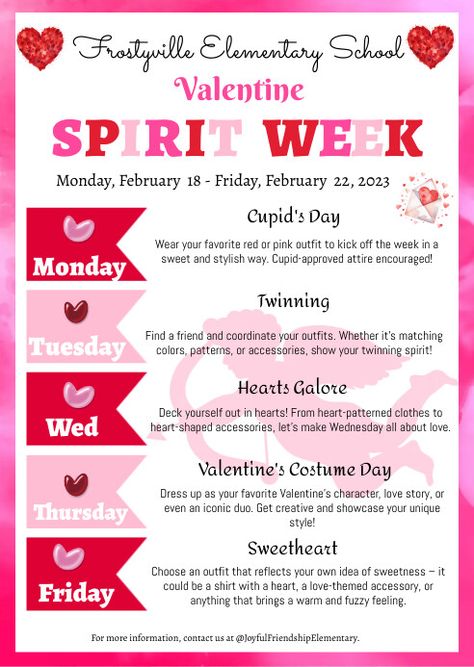 Valentine Spirit Week, Red Ribbon Week Ideas Highschool, Valentines Spirit Week Ideas, Valentines Day Spirit Week, School Spirit Activities, Spirit Week Ideas For Workplace, Spirit Week Flyer, Holiday Spirit Week, School Spirit Ideas Pep Rally