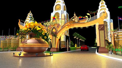 Khmer New Year Entrance decoration (Borey Peng Huoth) Khmer New Year Decoration, Khmer New Year Design, Khmer Poster, Pchum Ben, New Year Logo, Khmer New Year, Entrance Decoration, Interior Design Drawings, Web Layout Design