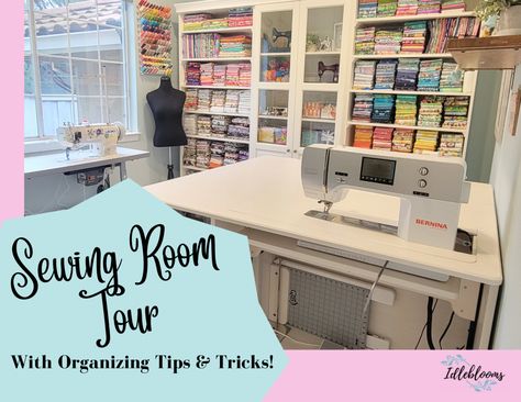 Create a multifunctional sewing room in a small space! * Idleblooms Sewing Room Living Room Combo, Quilting Rooms In Small Spaces, Sewing Rooms Design, Small Sewing Room Ideas Layout, Quilting Room Layout, Small Sewing Room Ideas, Tiny Sewing Room, Small Sewing Rooms, Quilt Room