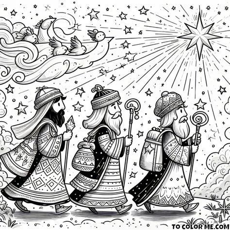 Stargazers’ Quest: The Three Wise Men Following the Star – Illuminated Coloring Page - https://www.tocolorme.com/?p=6887&utm_source=SocialAutoPoster&utm_medium=Social&utm_campaign=Pinterest Advent Images, Kids Church Christmas, Christmas Nativity Scene Display, Happy Planner Teacher, Nativity Scene Display, The Three Wise Men, Diy Nativity, Church Gifts, Preschool Christmas Crafts