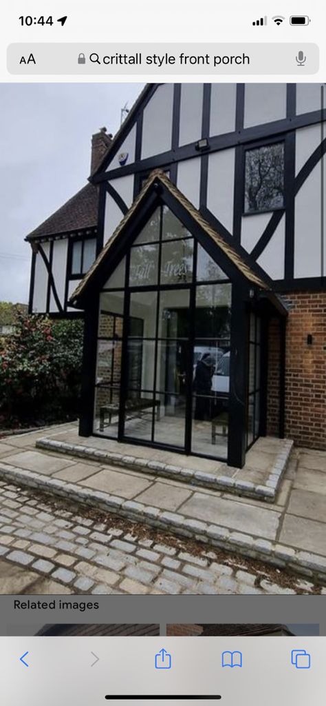 Crittall Front Porch, Crittal Style Porch, Glass Front Porch, Enclosed Front Porches, Porch Trees, Glass Porch, Black Cottage, Side Extension, Side Porch