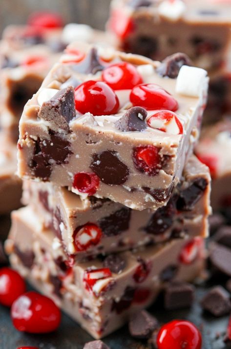 Indulge in this creamy Cherry Garcia Fudge, a delightful blend of chocolate, cherries, and nuts. Perfect for a sweet treat gift! #Fudge #CherryGarcia #DessertLovers Cherry Garcia Fudge Recipe, Cherry And Chocolate Desserts, Cherry Garcia Fudge, Dessert That Goes With Chili, Cherry Divinity Recipe, Cherry Fudge Recipes, Chocolate Cherry Fudge, Cherry Chocolate Recipes, Cherry Fudge