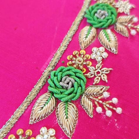 Roses Maggam Work Designs, Bullion Roses Embroidery Blouse, Bullion Rose Aari Work Blouse, Bullion Rose, Magam Work Designs, Embroidery Designs Free Download, Peacock Embroidery Designs, Aari Design, Churidar Neck Designs