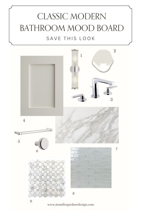 Transform your bathroom into a luxurious oasis with our Get The Look: Bathroom Mood Boards, featuring classic modern inspiration and ideas that will make your bathroom the relaxing retreat you've always wanted. Explore our collection of beautiful designs, textures, and colors, and find the perfect blend of style and function for your personal space. Don't wait – save this pin now to start your ultimate classic modern bathroom transformation! Modern Classic Bathroom Tile, Modern Elegant Bathroom Ideas, Mood Board For Bathroom Design, Bathrooms With Chrome Fixtures, Mood Boards Bathroom Inspiration, Guest Bathroom Mood Board, Modern Coastal Bathroom Design, Bathroom Design Mood Board, Transitional Master Bath Ideas