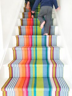 Farmhouse Modern Decor Ideas Colorful Home Tour | Apartment Therapy Farmhouse Modern Decor, Stair Runner Installation, White Stairs, Staircase Runner, Modern Basement, Hallway Stairs, Stair Carpet, Hall Stairs, Painted Stairs