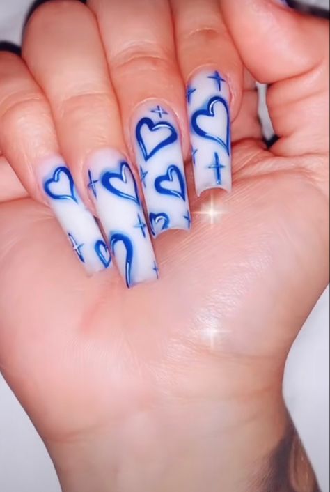 Short Chicana Nails, Chicana Nails Short, Royal Blue Valentines Nails, Chicana Nails Designs, Royal Blue Heart Nails, Cdg Heart Nails Blue, Blue Heart Nails With Eyes, Blue Bandana Nails Acrylic, Blue Valentine Nails