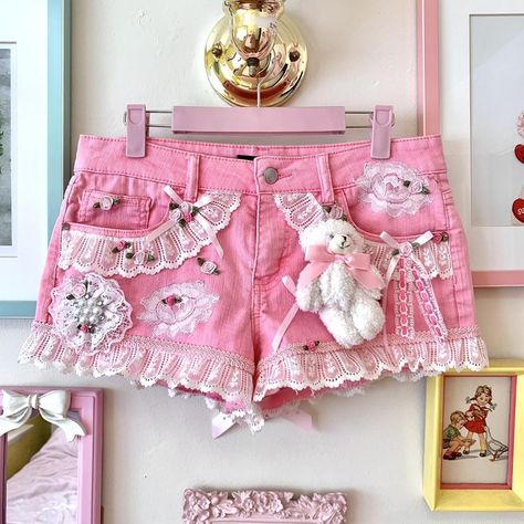 The sweetest pink denim shorts reworked/upcycled by... - Depop Clothing Upcycle Ideas, Upcycle Shorts, Vintage Reworked Clothing, Grunge Gyaru, Pink Alt, Kawaii Fairycore, Punk Fashion Diy, Trash To Couture, Reworked Clothes