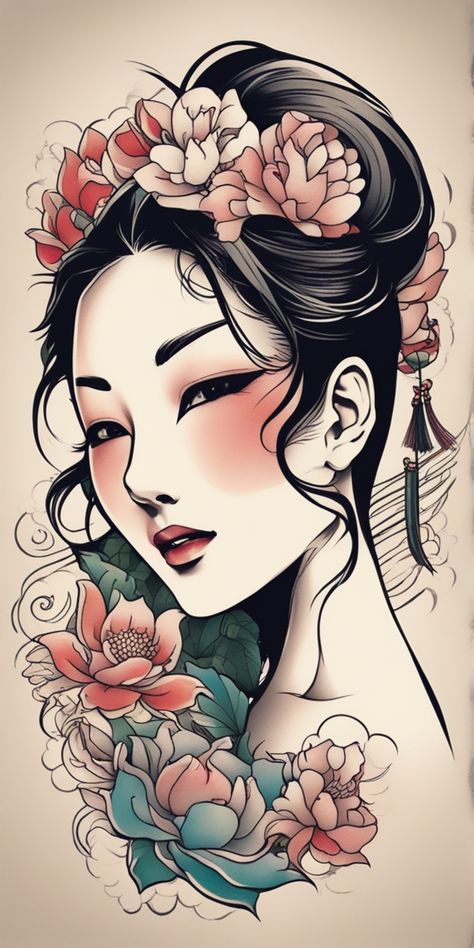 A vibrant, small, Japanese style tattoo design for women is displayed over a blank canvas. The design, rooted in traditional Japanese aesthetics, boasts an array of rich, enchanting colors. Colored Small Tattoos, Japanese Geisha Tattoo Traditional, Japanese Woman Tattoo, Japanese Geisha Tattoo, Japanese Style Tattoo, Tattoo Design For Women, Small Tattoos For Women, Geisha Tattoo, Style Tattoo