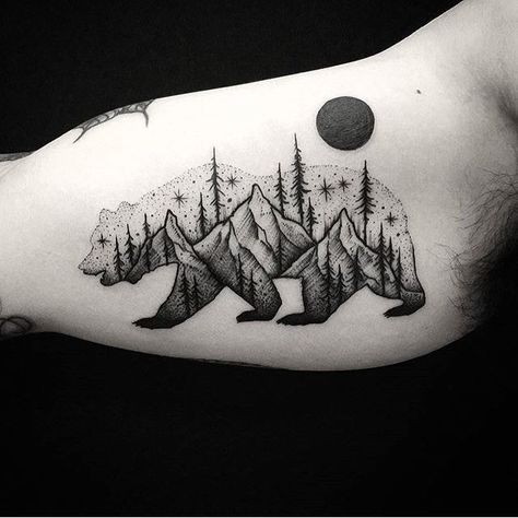 Bear Forest Tattoo, Geometric Bear Tattoo, Bear Tattoo Meaning, Alaska Tattoo, Forest Tattoo, Bear Tattoo Designs, Wild Tattoo, Bear Tattoos, Forest Tattoos