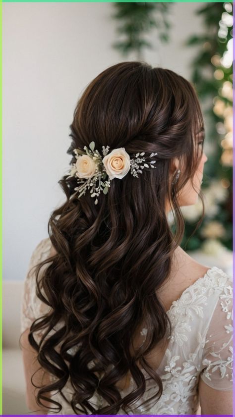 Medium Length Hairstyles For Weddings Bridesmaid, Simple Hairstyles For Medium Hair Wedding, Bridal Long Hair Down, Wedding Hairstyles Half Up Half Down Short Hair Bridesmaid Simple, Bride Hairstyles For Long Hair Brunette, Haïr Style For Bridesmaid, Indian Hairstyles For Medium Length Hair, Hair Styles For Short Hair For Weddings, Wedding Hair Styles Half Up Half Down