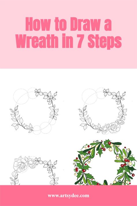 Drawing Wreaths Simple, How To Draw A Christmas Wreath, How To Draw A Wreath, Draw Christmas Wreath, How To Paint A Wreath, Christmas Wreath Drawing Simple, How To Paint A Christmas Wreath, Christmas Wreath Drawing, Holly Wreath Drawing