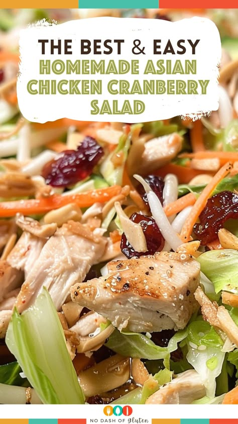 Discover the perfect balance of sweet and savory with our Homemade Asian Chicken Cranberry Salad. This vibrant salad features crunchy coleslaw, tender rotisserie chicken, sliced almonds, dried cranberries, and a tangy Asian-inspired dressing. It’s a quick, healthy, and delicious meal that’s ready in just 15 minutes. Perfect for a light lunch or dinner. Give it a try and bring some excitement to your table! Save this pin and make it today! Best Asian Chicken Cranberry Salad, Chinese Chicken Salad Dressing Recipe Rice Vinegar, Chicken Cranberry Walnut Salad, Coleslaw With Chicken, Meal Salads Main, Pecan Salad Recipe Dried Cranberries, Coleslaw And Chicken Recipe, Salads Recipes With Chicken, Chicken And Cranberry Salad