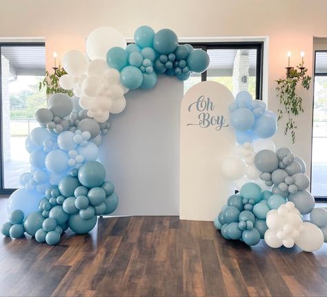 Baby Boy Dedication Party Ideas, Baby Boy Balloon Arch, Baby Boy Shower Backdrop, Baby Shower Backdrop Boy, Boy Baby Shower Backdrop, Winter Baby Shower Decorations, Baby Boy Balloons, Gender Reveal Baby Shower Themes