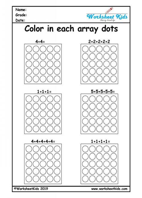 Repeated addition arrays 2nd grade worksheets having six question in each, students have to color the arrays pattern based on the equation given. by doing this, it will sharpen their multiplication skills. these free printable coloring arrays are best activities for kids who are in year 2 Arrays Year 1, Second Grade Arrays Repeated Addition, Free Printable Array Worksheets, Arrays Repeated Addition, Multiplication Arrays Worksheets, Multiplication Concept, Repeated Addition Activities, Multiplication As Repeated Addition, Array Math