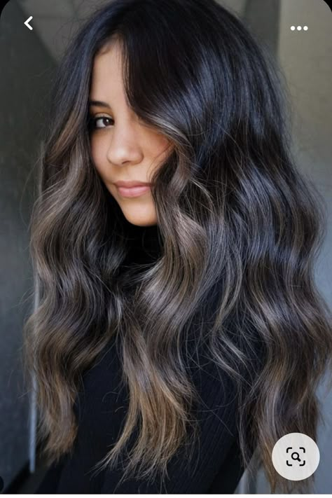 Black Hair With Subtle Money Piece, Dark Cool Balayage, Face Frame Balayage Dark Hair, California Balayage Brunette, Dark Brown Hair With Face Framing Highlights Brunettes, Mis Length Haircut, Balayage For Dark Brown Hair Long, Balayage In Dark Hair, Partial Balayage Brunettes Dark Brown