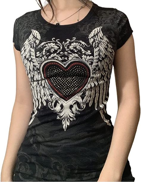 Women Graphic Print Crop Top V Neck Short Sleeve Slim Fit Shirt Vintage Fairy Grunge Summer Tee #fashion #clothing #clothes #outfits #outfitideas #outfitinspo #trending #trendy #amazon #amazonaffiliatelink #grunge #grungefashion Fairy Wing Pattern, Wing Graphic, Punk Fairy, Star Trek Cosplay, Street Punk, Graphic Tee Style, Streetwear Mode, Grunge Vintage, Rhinestone Heart