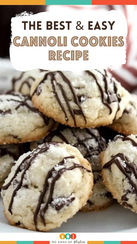 These Cannoli Cookies combine creamy ricotta, crunchy pistachios, and sweet chocolate chips for a unique twist on the classic Italian dessert! Drizzled with chocolate and perfect for any occasion, these cookies are a must-try. Pin now and bake them later for a delicious treat your family will love! Cannoli Cookie, Cannoli Cookies Recipe, Cannoli Cookies, Cannoli Desserts, Work Treats, Ricotta Cookies Recipe, Italian Christmas Cookie Recipes, Italian Ricotta Cookies, Italian Desserts Easy