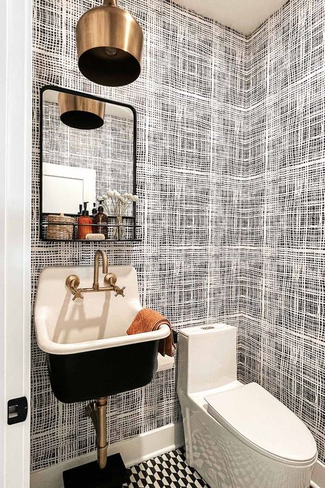 Chic Powder Room, Plaid Wallpaper, How To Install Wallpaper, Contemporary Wallpaper, For Wallpaper, Black And White Wallpaper, Bathroom Wallpaper, Beautiful Bathrooms, White Wallpaper