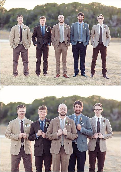 35 Great Groom Looks You'll Love from #weddingchicks Groomsmen Attire Not Matching, Non Matching Groomsmen Attire, Groomsman Mismatched Suits, Groomsmen Mix And Match, Mix Match Groomsmen Suits, Mismatched Groomsmen Attire, Unique Groomsmen Attire, Rustic Groomsmen, Poses Hands