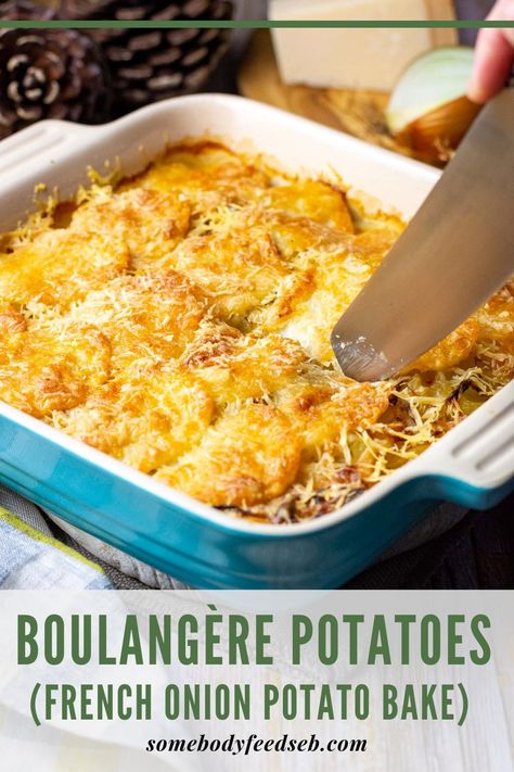 French Baked Potatoes, French Onion Boulangere Potatoes, French Onion Poutine, Potato Boulangere Recipe, Parisienne Potatoes Recipes, Parisian Potatoes Recipes, French Potato Recipes, Onion Potato Recipes, Potatoes Boulangere