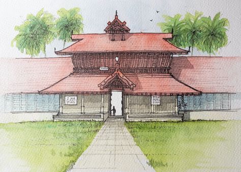 Vijayanagara Empire, Kerala Art, Kerala Traditional House, Kerala Architecture, Temple Drawing, Architecture Portfolio Layout, Building Sketch, Pen Art Drawings, House Sketch