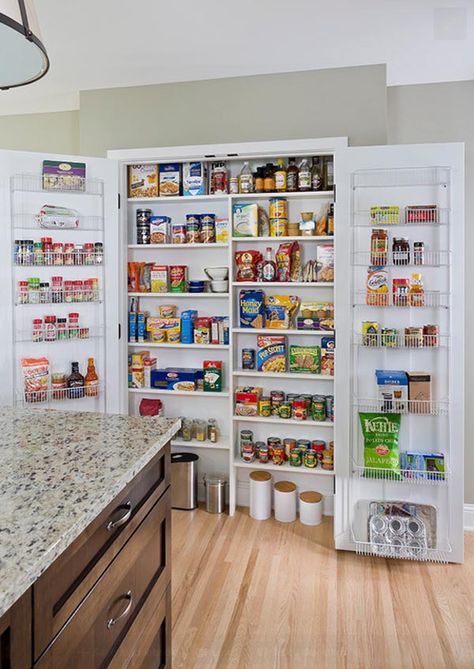 IN BETWEEN STUDS!  Though shallow perfect for that empty wall and saves rooting through rows of staples. Shallow Pantry, Narrow Pantry, No Pantry Solutions, Kitchen Pantry Doors, Organized Pantry, Built In Pantry, Pantry Wall, Pantry Shelving, Small Pantry