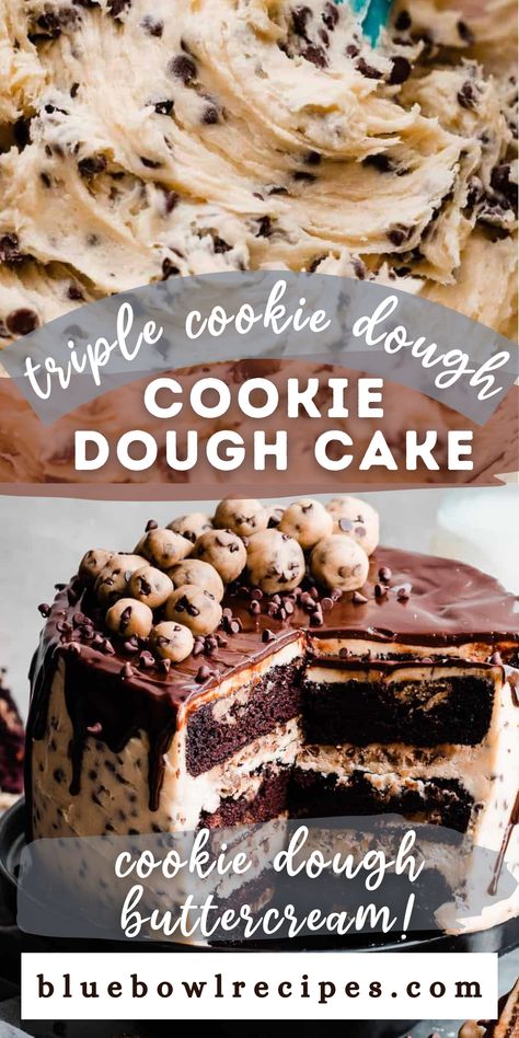 Cookie Dough Cake is the ultimate cookie dough experience! Edible cookie dough is baked into ultra rich & moist chocolate cake layers. The cake layers are frosted with a luscious cookie dough buttercream, filled with a layer of edible chocolate chip cookie dough, and finished with a silky chocolate ganache drip & cookie dough balls. Chocolate and cookie dough lovers rejoice – this is the dessert of your wildest dreams! Peanut Butter Cookie Dough Cake, Chocolate Cookie Dough Cake, Cookie Dough Buttercream, Chocolate Cake Layers, Chocolate Ganache Drip, Edible Chocolate Chip Cookie Dough, Ganache Drip, Cookie Dough Filling, Buttercream Designs