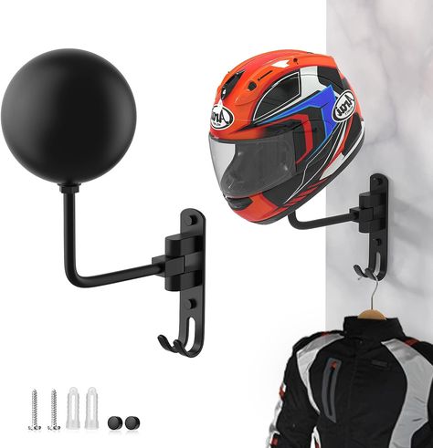 This helmet mount wall mount is made of high quality aircraft grade aluminum. The material is fade-resistant, rust-resistant, durable, and can support a lot of weight, making it ideal for helmet storage. Plus, the 4.7-inch diameter support ball increases the contact surface with the helmet and helps keep it in good shape. Helmet Hanger, Helmet Holder, Helmet Storage, Baseball Helmet, Bicycle Helmets, Bike Racing, Racing Gear, Hanger Wall, Motorcycle Gloves