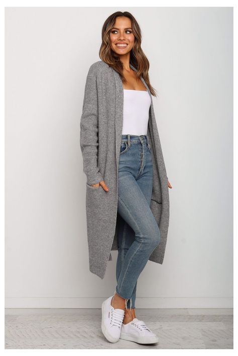 7c4ede33a62160a19586f6e26eaefacfdesc40979210ri Long Cardigan Outfit Fall, Cardigan Outfit Casual, Outfits With Grey Cardigan, Winter Cardigan Outfit, Long Cardigan Outfit, Long Grey Cardigan, Cardigan Outfit, Cardigan Outfits, Grey Cardigan