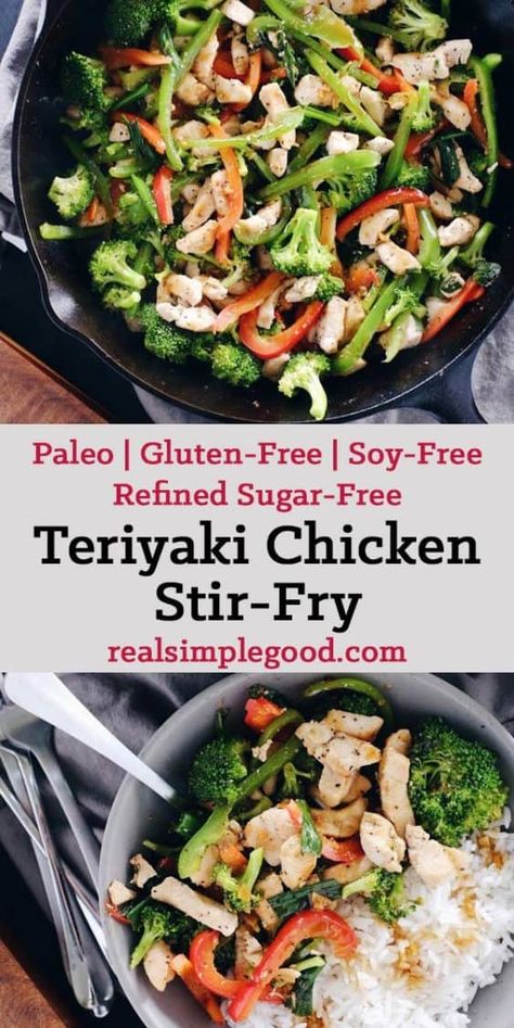 As far as Paleo makeovers go, this teriyaki chicken stir-fry was due! It's super simple, yet bursting with flavor from the garlic, ginger and fresh veggies! Paleo, Gluten-Free, Soy-Free + Refined Sugar-Free. | realsimplegood.com Chicken Recipes Honey, Teriyaki Chicken Stir Fry, Teriyaki Stir Fry, New Chicken Recipes, Smart Food, Paleo Foods, Paleo Chicken Recipes, Chicken And Broccoli, Honey Soy