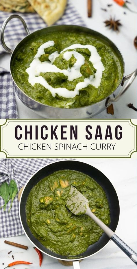 Chicken Saag, also called Palak Chicken, is a chicken and spinach curry from North India. This flavorful and healthy Chicken Saag can be made in just 30 minutes on the stovetop or in the instant pot. | Chicken Saagwala | Murgh Saag | pipingpotcurry.com Chicken Saagwala Recipe, Healthy Chicken And Spinach, Chicken Spinach Curry, Saag Chicken, Chicken Saag, Palak Chicken, Saag Recipe, Clean Eating Diet Plan, Healthy Indian Recipes