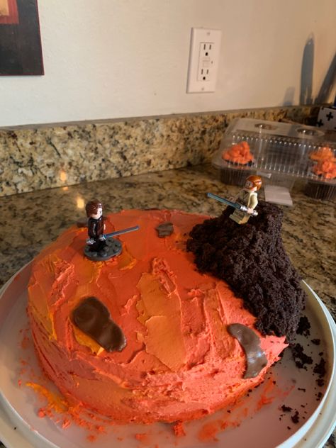 Homemade for boyfriends birthday. Dyed dufferent frostings and I used extra cake and tootsie rolls for lava and scenery Homemade Birthday Cake For Boyfriend, Revenge Of The Sith Cake, Homemade Birthday Cake, Birthday Cake For Boyfriend, Tootsie Rolls, Cake For Boyfriend, Revenge Of The Sith, Homemade Birthday, The Sith