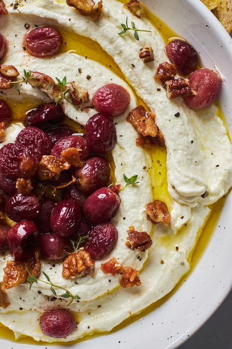 Whipped Goat Cheese With Roasted Balsamic Grapes | Olive & Mango Greek Crostini, Baked Grapes, Goats Cheese Recipes, Whipped Goat Cheese Dip, Roasted Grapes, Roasted Grapes Recipes, Baked Feta With Roasted Grapes, Raspberry Goat Cheese Appetizer, Balsamic Roasted Grapes