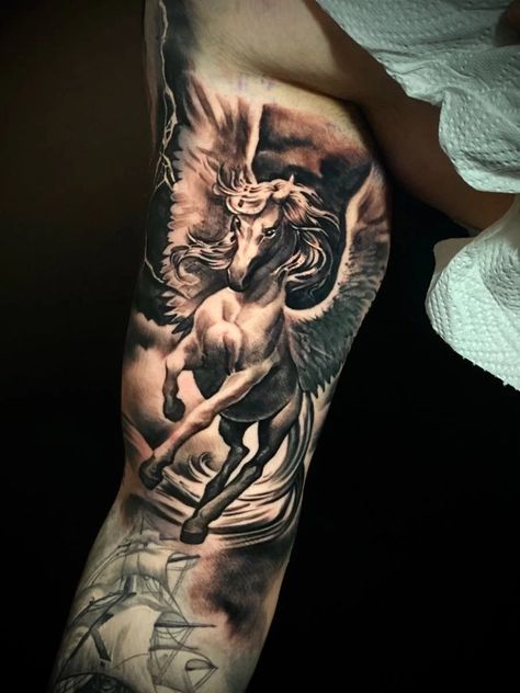 Zeus And Pegasus Tattoo, Pegasus Forearm Tattoo, Greek Horse Tattoo, Pegasus Tattoo Men, Pegasus Tattoo Design, Pegasus Tattoos, Angel Warrior Tattoo, Pegasus Tattoo, Tattoo Horse