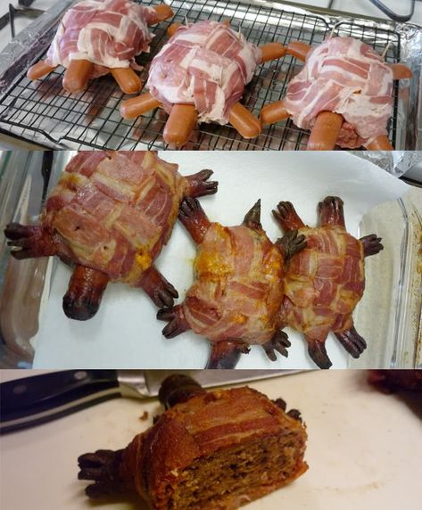 Turtle Burger, Bacon Hot Dogs, Bacon Weave, Miso Salmon, Corn Dogs, On The Grill, Bacon Cheese, Food Crafts, Bacon Wrapped