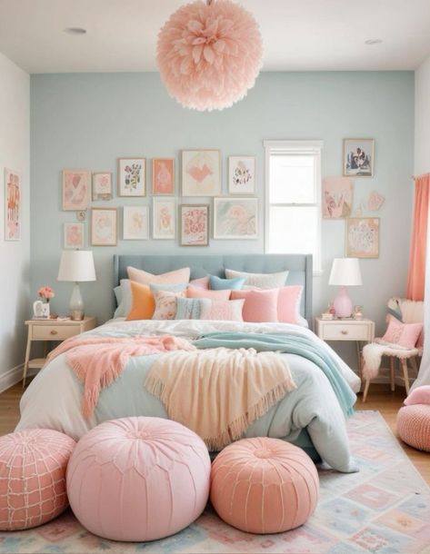 Preppy Room Design Ideas, Pastel Beachy Bedroom, Room Ideas Teal Walls, Pastel Themed Bedroom, Pink And Blue Teenage Bedroom, Blue Pink White And Gold Bedroom, Pastel Blue Room Ideas, Tiffany Blue Room Ideas, Pastel Girls Bedroom Ideas