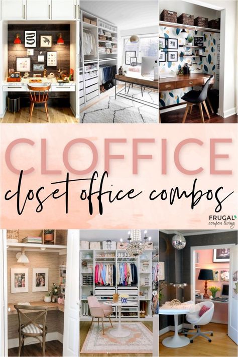 Working from home? Need a space that provides inspiration? The perfect list of Cloffice Home Office Ideas, blending a closet and home office. Cloffice ideas and closet desk combos. Closet office organization for housing a small workspace. From small Cloffice ideas to large walk in closets with a space for desks. The best closet offices images and home office small space ideas. Office closet organization, décor & Ideas. #FrugalCouponLiving #closet #office #homeoffice #cloffice Extra Office Space Ideas, Walk In Closet And Office Ideas, Spare Bedroom Closet And Office, Closet Office Organization Ideas, Closet Offices Diy, Work From Home Closet Office, Office In Walk In Closet Ideas, Closet Office With Clothes, In Closet Desk Ideas