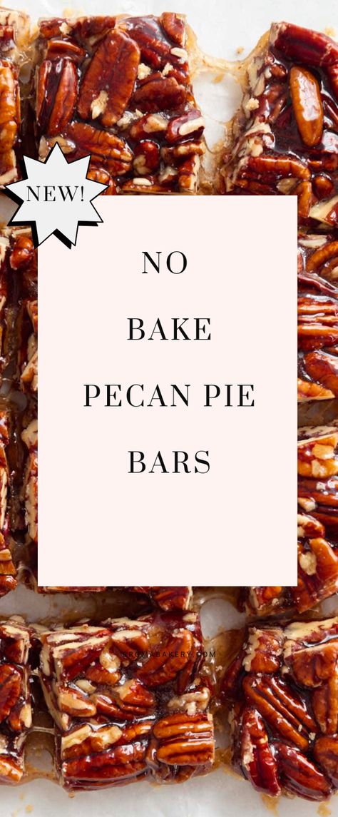 No need to take up room in your busy Thanksgiving oven with these no bake pecan pie bars! These easy no bake bars are made with a buttery shortbread crust and a salty-sweet, crunchy pecan topping. #falldesserts #pierecipes #thanksgivingpierecipes #thanksgivingdesserts #pecanpie #pecandesserts #dessertbar #bakingrecipes #dessertideas No Crust Pecan Pie, No Bake Pecan Cookies, Easy Pecan Pie Bars Cake Mixes, No Bake Pecan Cheesecake Bars, Easy Pecan Bars Simple, Pecan Pie Bars Graham Cracker Crust, Easy Pecan Pie Bars Simple, No Bake Pecan Pie Bars, No Bake Pecan Pie Cheesecake Bars