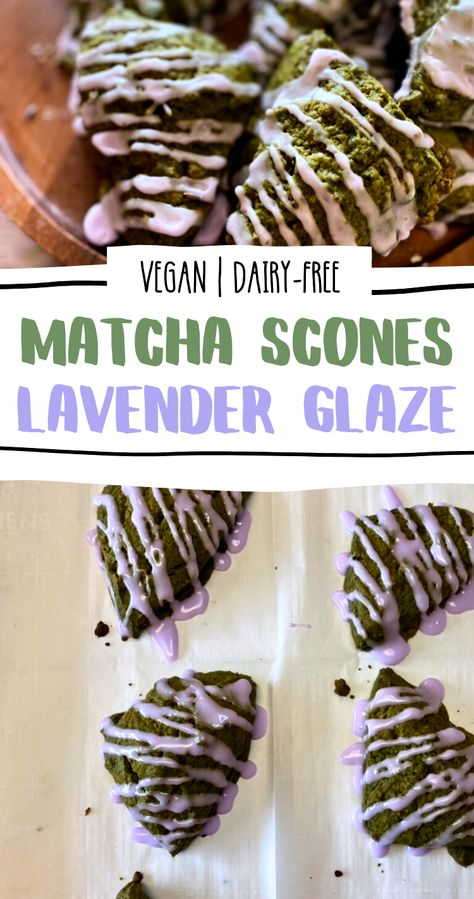 easy dairy-free matcha scones with lavender glaze Vegan Lavender Recipes, Vegan Matcha Recipes, Breakfast Pastry Ideas, Matcha Baking Recipes, Matcha Recipe Baking, Matcha Scones, Lavender Matcha, Matcha Dessert Recipes, Scones Vegan