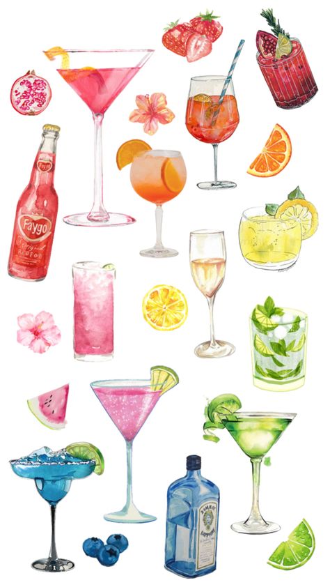 Wallpaper Alcohol, Summer Juice, Cocktail Illustration, Chin Chin, Cocktail And Mocktail, Cute Summer Wallpapers, Cocktail Book, Cocktail Art, Alcohol Drinks