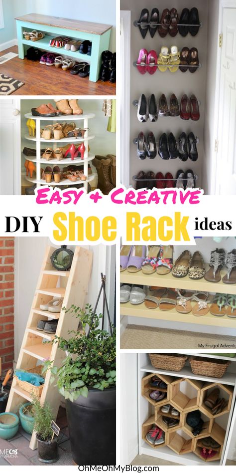 Shoes are one item that can clutter up an area fast. These DIY shoe racks and shoe storage solutions are easy ways to get them organized and keep your space neat and tidy! From wall mounted shoe racks to simple floor organization, there's shoe organization for anywhere in this list! #DIY #DIYprojects #organization #shoestorage Shoe Wall Storage Ideas, Diy Shoe Rack For Garage, Shoe Rack Bench Ideas, Wooden Shoe Rack Ideas Small Spaces, Front Door Shoe Storage Entryway Diy, Shoe Rack Ideas Diy Homemade, Diy Wooden Shoe Rack, Diy Shoe Racks, Diy Entryway Shoe Storage