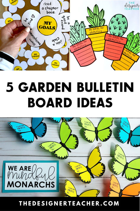 Looking for garden bulletin boards for spring or your garden theme classroom? I've got 5 bulletin board ideas for you! Garden Theme Office, Garden Bulletin Board Ideas, Bulletin Boards For Spring, Floral Classroom Theme, Interactive Display Boards, Garden Classroom Theme, Garden Bulletin Boards, Goal Setting Bulletin Board, Spring Bulletin Board Ideas