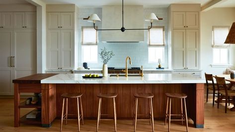 Calm Coastal, Small Kitchen Layouts, Wood Kitchen Island, Tile Inspiration, Dining Nook, Linear Pendant, New Build, House Projects, Cottage Kitchen