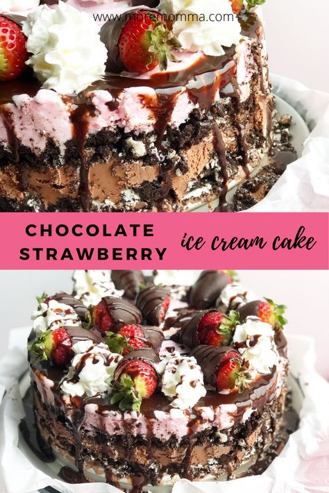 Strawberry Chocolate Ice Cream Cake, Valentines Day Ice Cream, Chocolate Desserts Fancy, Brownie Ice Cream Cake, Strawberry Ice Cream Cake, Chocolate Ice Cream Cake, Homemade Strawberry Ice Cream, Chocolate Covered Strawberry Recipe, Chocolate Ice Cream Recipe