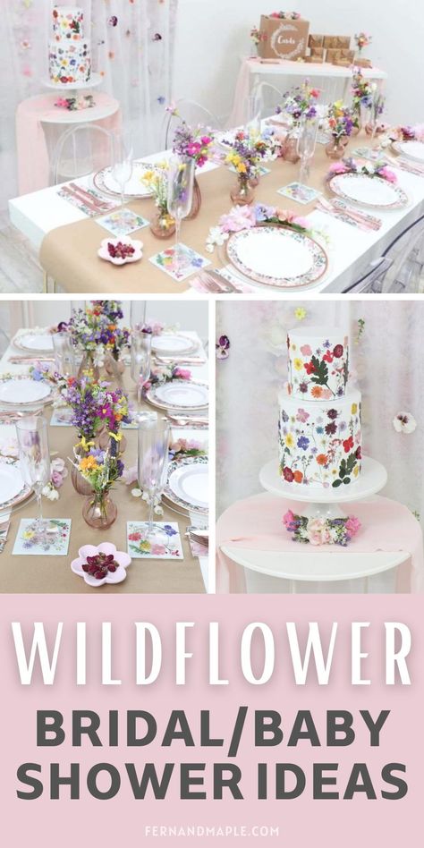 How to throw a Wildflower Shower for the bride or mom-to-be who is Wild at Heart with ideas for DIY Backdrop, DIY Signage, DIY Wildflower Chargers and more! Get details now at fernandmaple.com. Wild Flower Birthday Party Table Decorations, Wildflower Party Centerpieces, Wildflower Theme Food, Wildflower Bridal Brunch, Wild Flower Shower Ideas, Wildflower Bridal Shower Table Decor, Wild Flower Birthday Party Ideas, Wildflower Baby Shower Table Decorations, Diy Wildflower Centerpieces