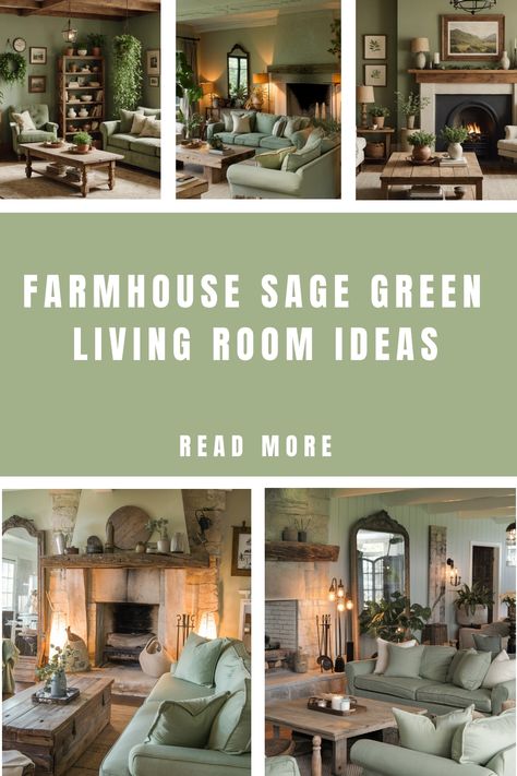 Collage of farmhouse living rooms with sage green decor and rustic elements. Gray Couch With Sage Green Pillows, Neutral With Green Living Room, Dark Green And Neutral Living Room, Neutral Living Room With Pop Of Green, Sage Green Couch Living Room Ideas, Sage Green Farmhouse Living Room, Sage Green House Interior Aesthetic, Green Farmhouse Living Room, Cozy Green Living Room