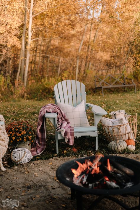 Cozy bakyard fire pit area with DIY Muskoka chairs, upcycled fire pit, s'mores station and cozy textiles for Fall Bonfire Party Ideas Backyard, Upcycled Fire Pit, Bonfire Party Ideas, Backyard Redesign, Muskoka Chairs, Fall Backyard, Cozy Textiles, Ohio House, Diy Mommy