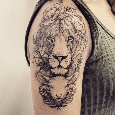 12+ Best Lion and Lamb Tattoo Designs Lion And Lamb Tattoo, The Lion And The Lamb, Lamb Tattoo, Lion And The Lamb, Lion Lamb, Grace Tattoos, Sheep Tattoo, Bible Tattoos, Butterfly Tattoos For Women