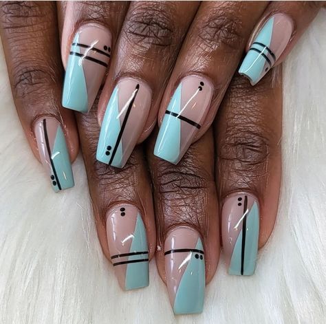 Cute Simple Nail Designs Coffin, Geometric Nails Simple, Nail Line Designs Simple, January Nail Designs Simple, Coffin Medium Nails, Nails Geometric Design, Black Line Nail Art, Nail Line Designs, Nail Art Coffin Shape