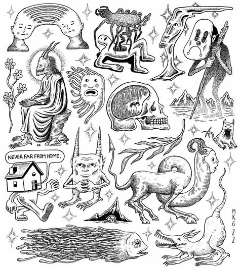 Cool Weird Tattoos, Weird Art Tattoo, Weird Tattoo Flash, Woodcut Tattoo Flash, Tattoo Practice Drawings, Retro Tattoo Ideas, Medieval Tattoo Flash, Weird Tattoos Unique, Unique Flash Tattoo